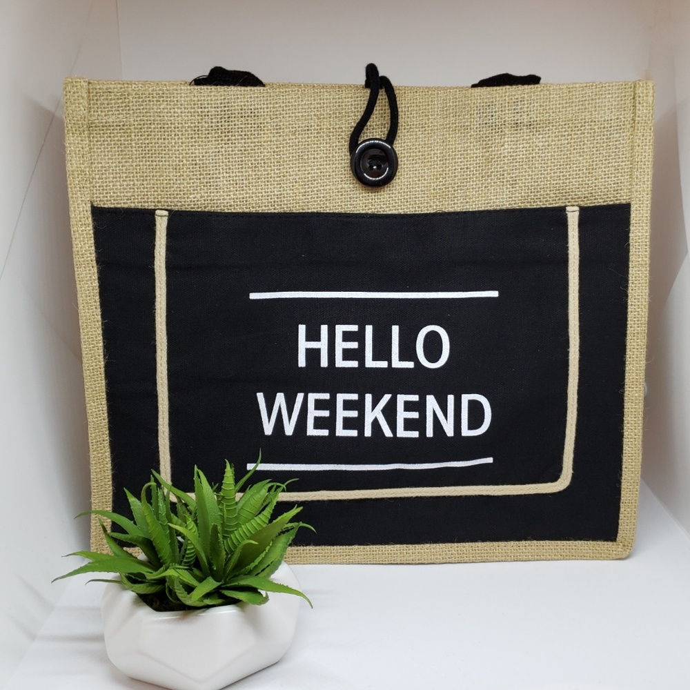 NWT "Hello Weekend" Large Black & Burlap Woven Tote - Picture 2 of 6